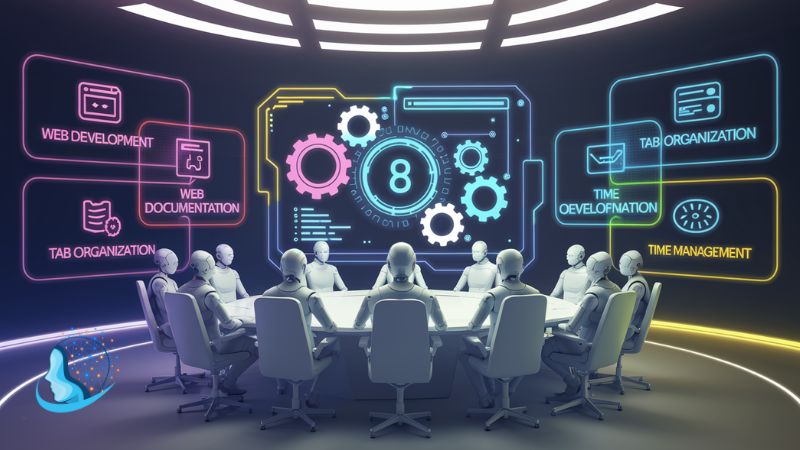 εικόνα φτιαγμένη με τεχνητή νοημοσύνη και παρουσιαζει 8 εργαλεία τεχνητής νοημοσύνης για αύξηση της παραγωγικότητας